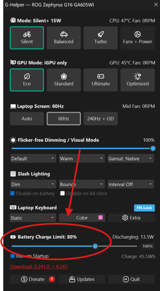 G-Helper battery charge limit slider set to 80 percent with arrow pointing to setting on ASUS Zephyrus G16