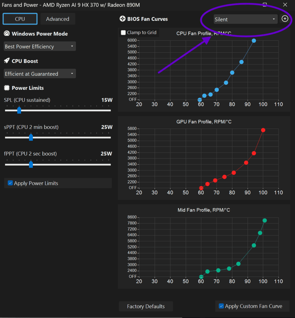 G-Helper Fans and Power menu showing CPU, GPU, and Mid fan curves in Silent mode on ASUS Zephyrus G16