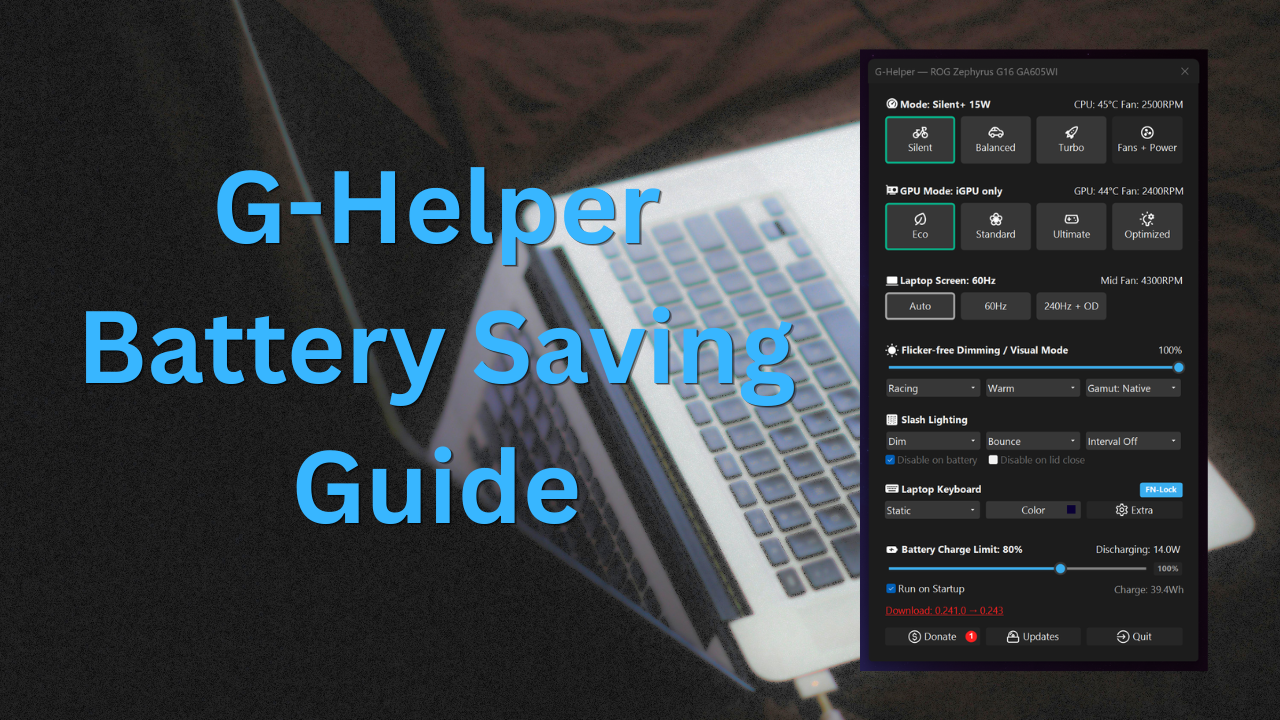G-Helper power settings panel showing battery-optimized configuration on ASUS Zephyrus G16