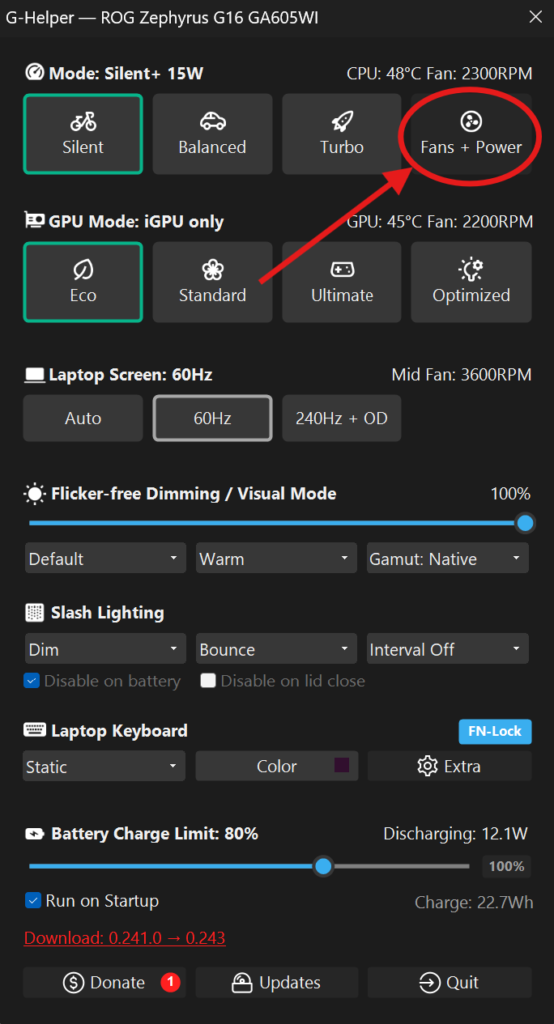 G-Helper main panel showing Fans and Power button highlighted on ASUS Zephyrus G16
