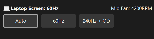 G-Helper laptop screen refresh rate options: Auto, 60Hz, and 240Hz + OD, with Auto currently selected