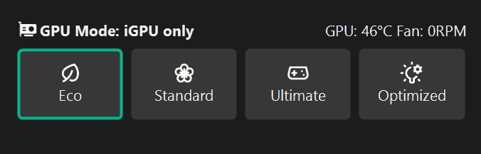 G-Helper GPU Mode set to iGPU only with Eco profile selected, showing Standard, Ultimate, and Optimized as other options