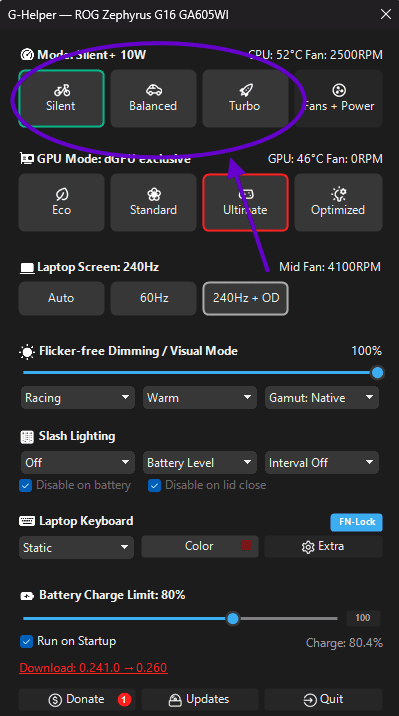 G-Helper interface on an ASUS ROG Zephyrus G16, with the Silent, Balanced, and Turbo fan mode buttons circled and the Turbo/240Hz display setting highlighted; GPU mode shows Ultimate selected.