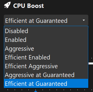 G-Helper CPU Boost dropdown menu showing options including Disabled, Enabled, Aggressive, Efficient Enabled, Efficient Aggressive, Aggressive at Guaranteed, and Efficient at Guaranteed selected