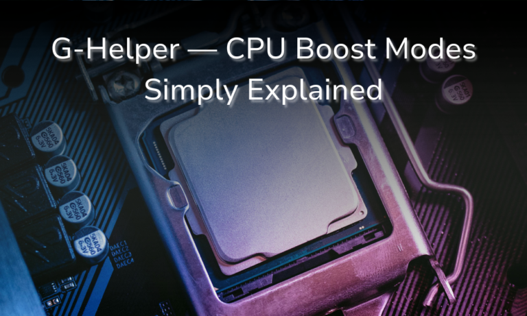 G-Helper CPU Boost Modes Simply Explained — close-up of a CPU installed in a motherboard socket with purple lighting