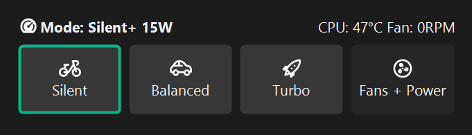 G-Helper tray menu showing Silent, Balanced, Turbo, and Fans + Power mode toggles