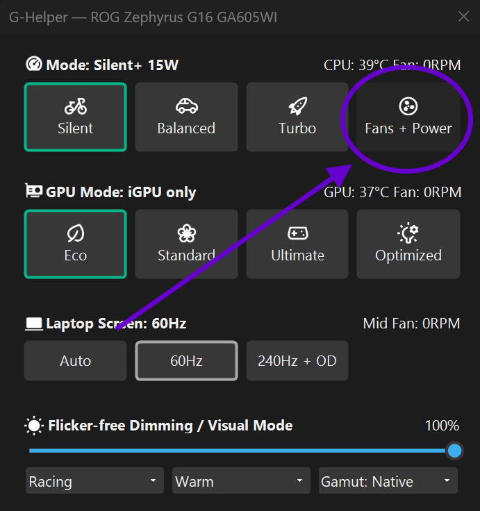 G-Helper main window on ROG Zephyrus G16 showing Silent mode selected and the Fans + Power button circled in purple.