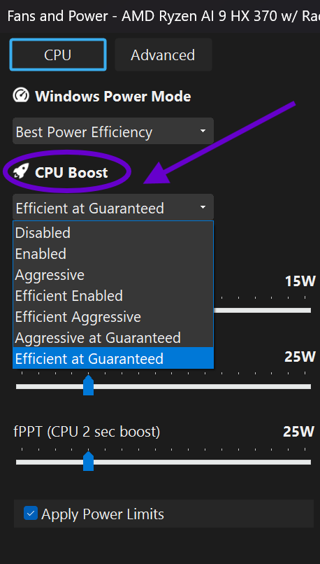 G-Helper Fans and Power panel with the CPU Boost dropdown open, showing all seven modes from Disabled to Efficient at Guaranteed.
