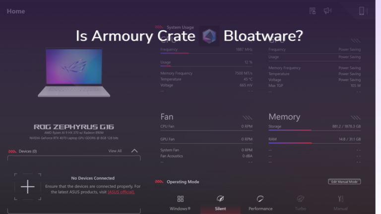 Armoury Crate bloatware test showing 114 MB across 11 background processes on a ROG Zephyrus G16