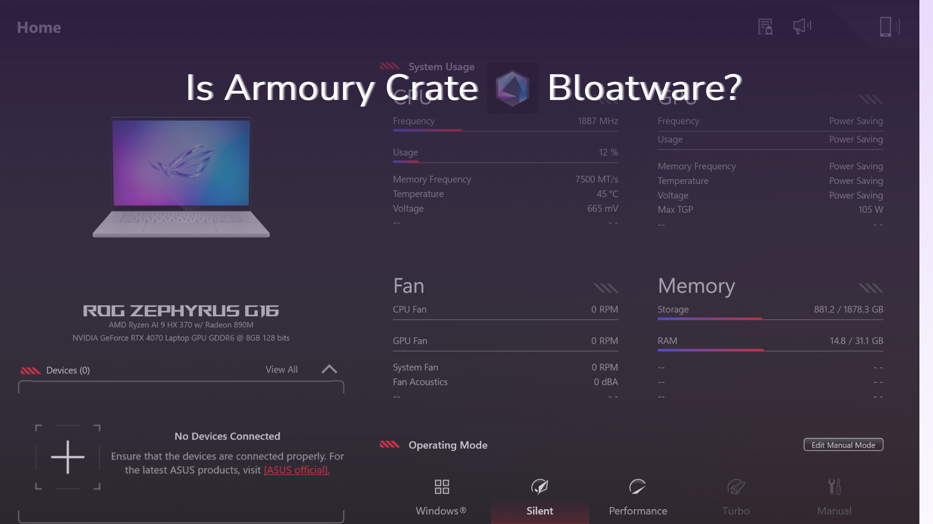 Armoury Crate bloatware test showing 114 MB across 11 background processes on a ROG Zephyrus G16