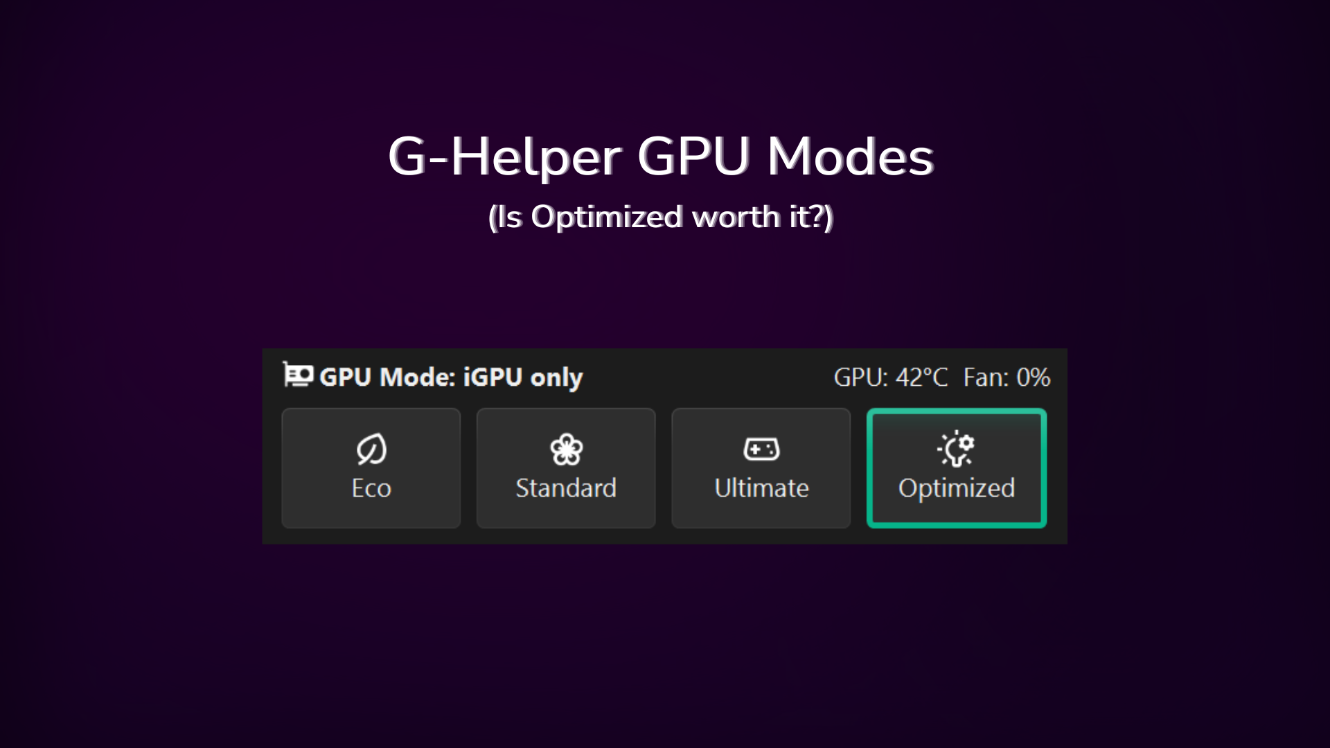 G-Helper GPU mode thumbnail showing optimized option selected on an ASUS Zephyrus G16 with 13W idle result