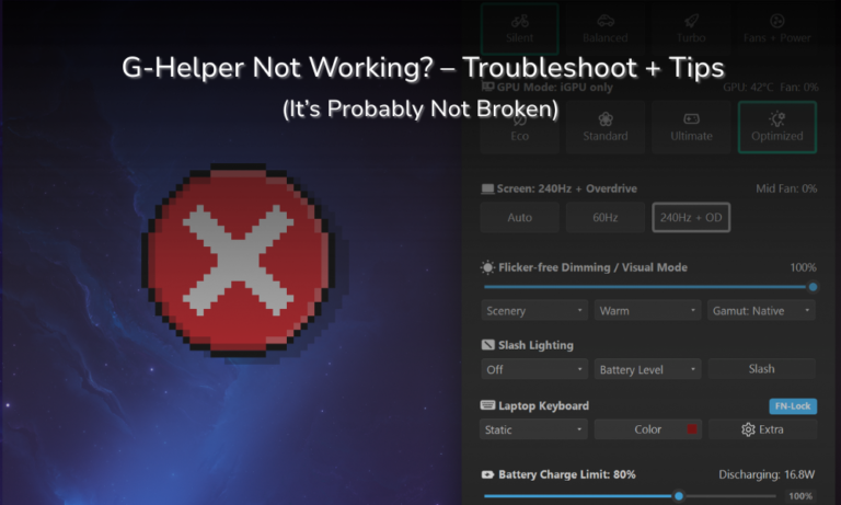 G-Helper main window with GPU mode and battery settings, captioned it's probably not broken when G-Helper is not opening