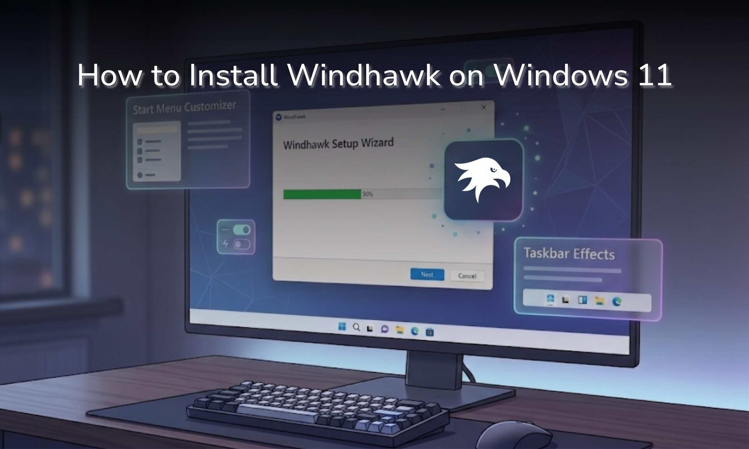 Laptop screen showing the Windhawk installer downloading, with the article title "How to Install Windhawk on Windows 11 (And Whether It's Actually Safe)"