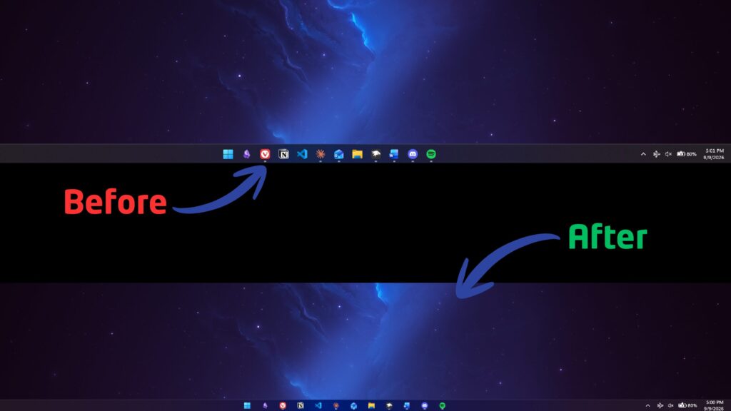 Windows 11 Taskbar Styler before and after comparison in Windhawk