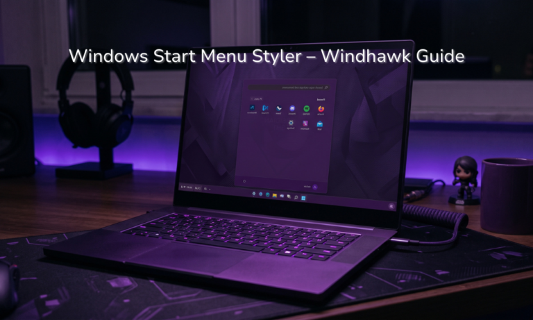 Laptop screen showing one of the Windows 11 Start Menu Styler themes with a translucent Start menu open