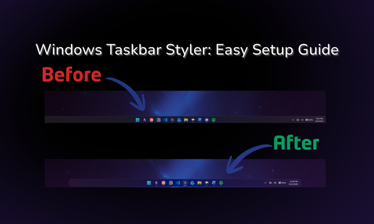 Windows 11 Taskbar Styler setup guide showing a customized taskbar