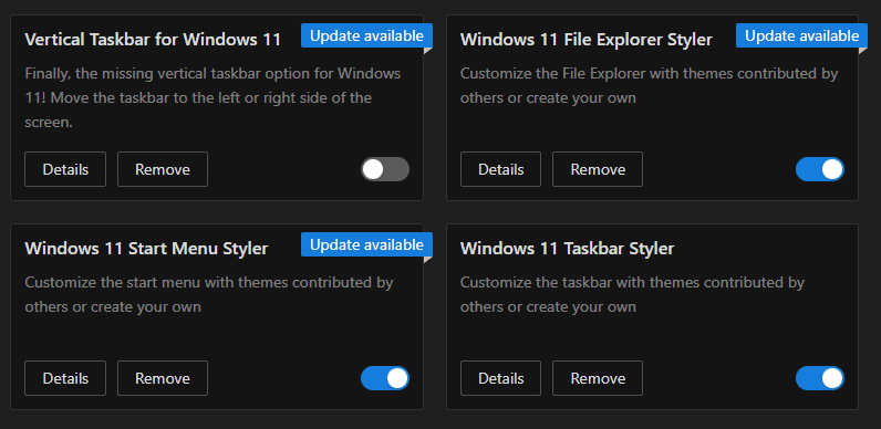 Windhawk mods showing pending update available badges in the installed mods list