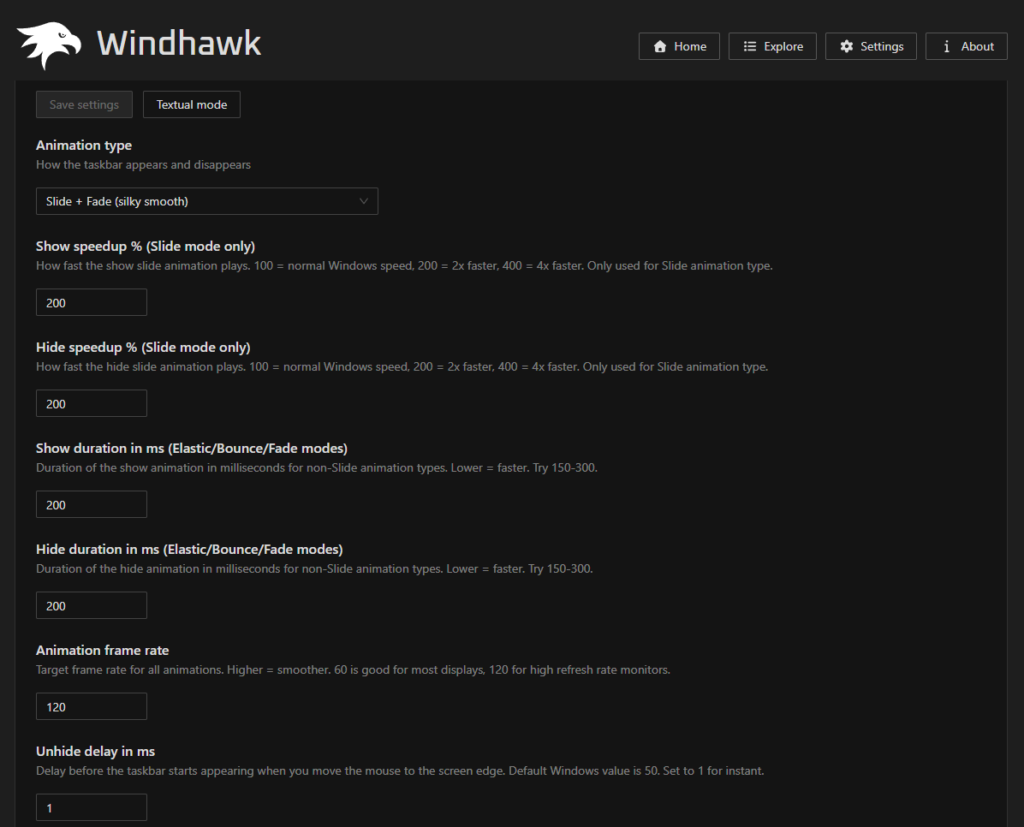 Windhawk taskbar auto-hide instant show settings with slide and fade animation at 120fps