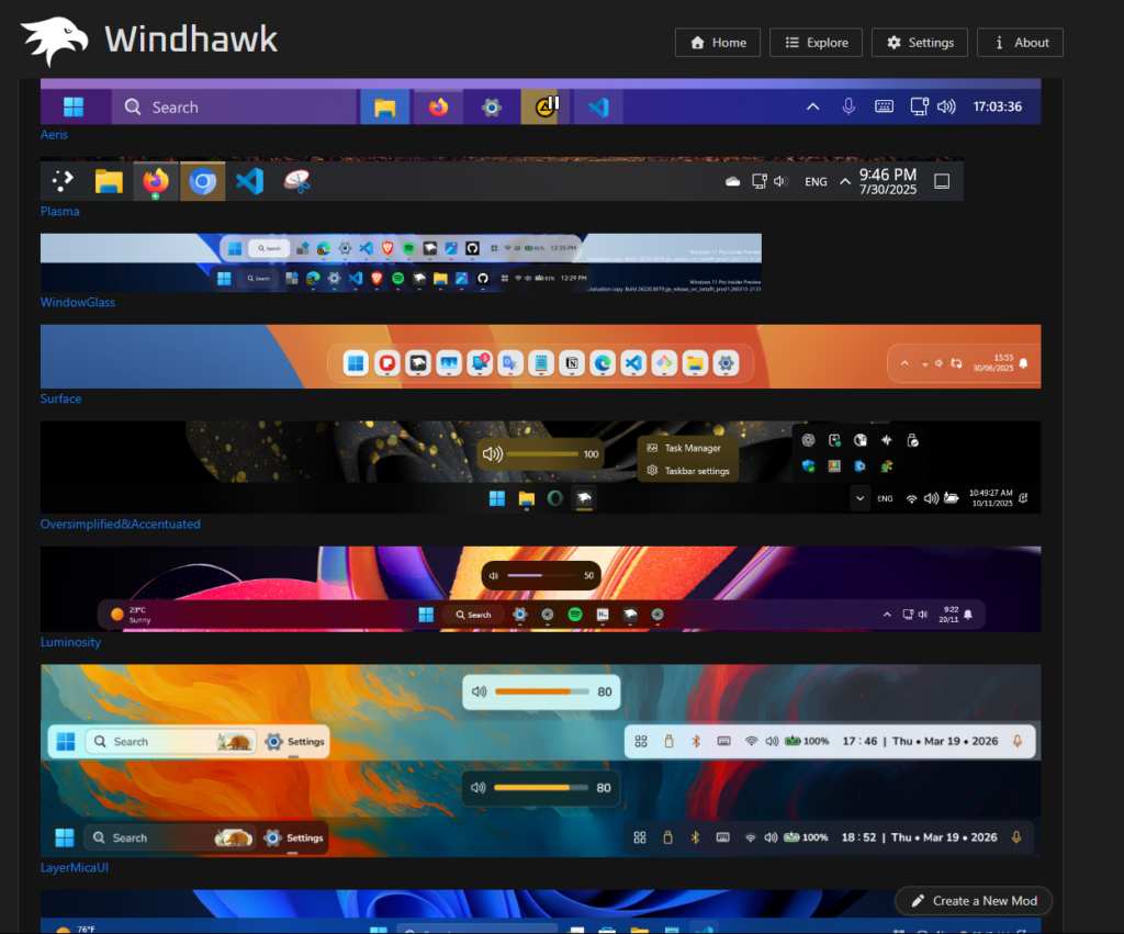 Windows 11 Taskbar Styler theme dropdown list in Windhawk settings