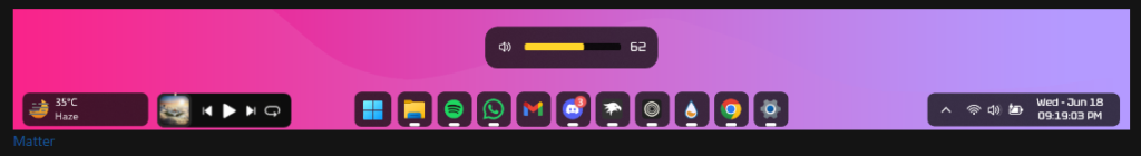 Matter theme running on the Windhawk Taskbar Styler mod