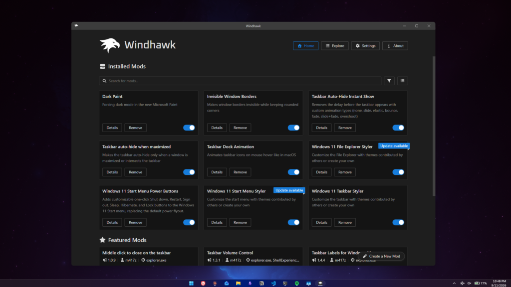 Is Windhawk safe - Windhawk installed mods list running on Windows 11