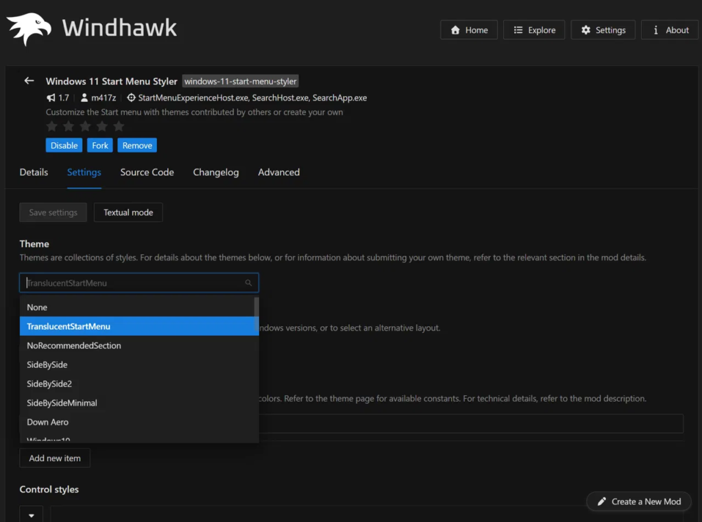 Start Menu Styler theme dropdown open in Windhawk showing TranslucentStartMenu selected