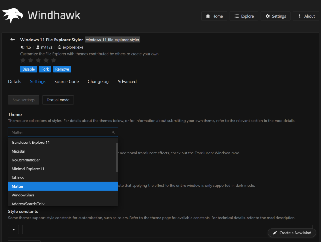 File Explorer Styler settings in Windhawk with the theme dropdown showing Matter selected