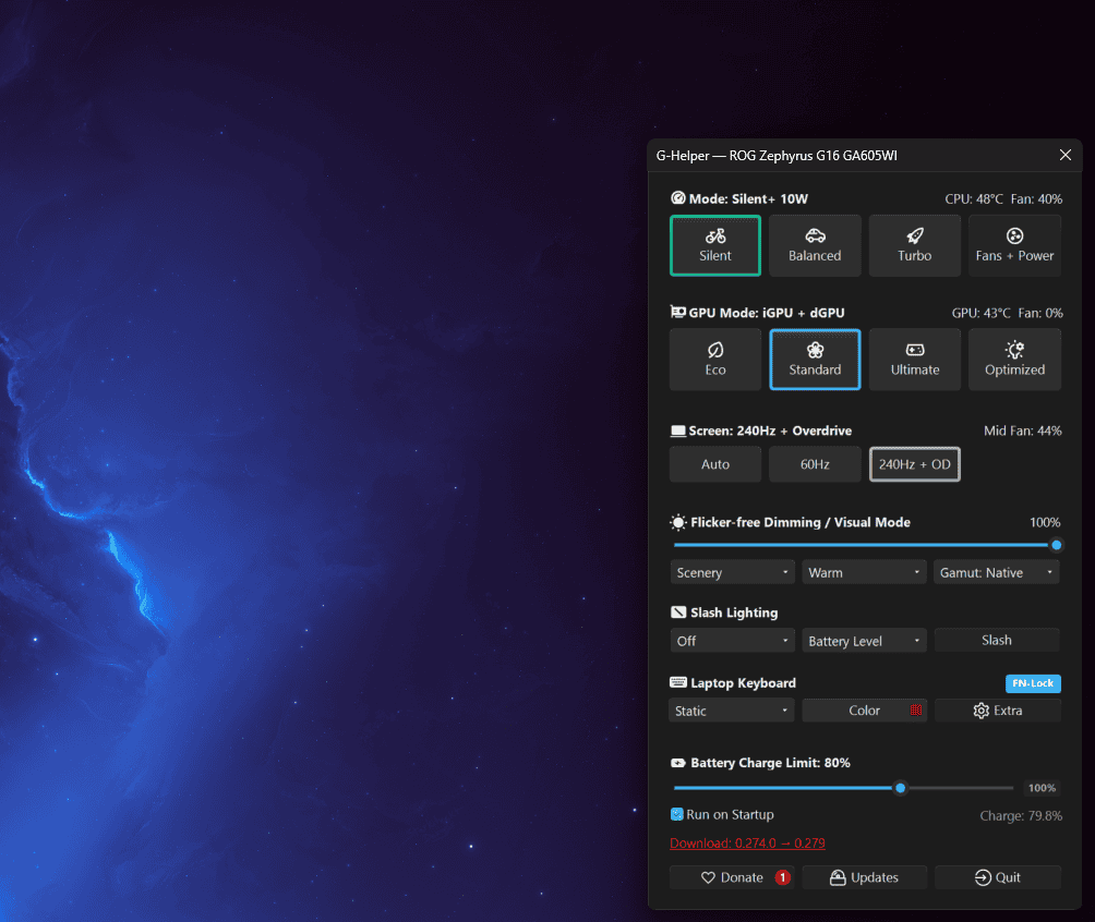 Is G-Helper safe - G-Helper main window running on an ASUS Zephyrus G16