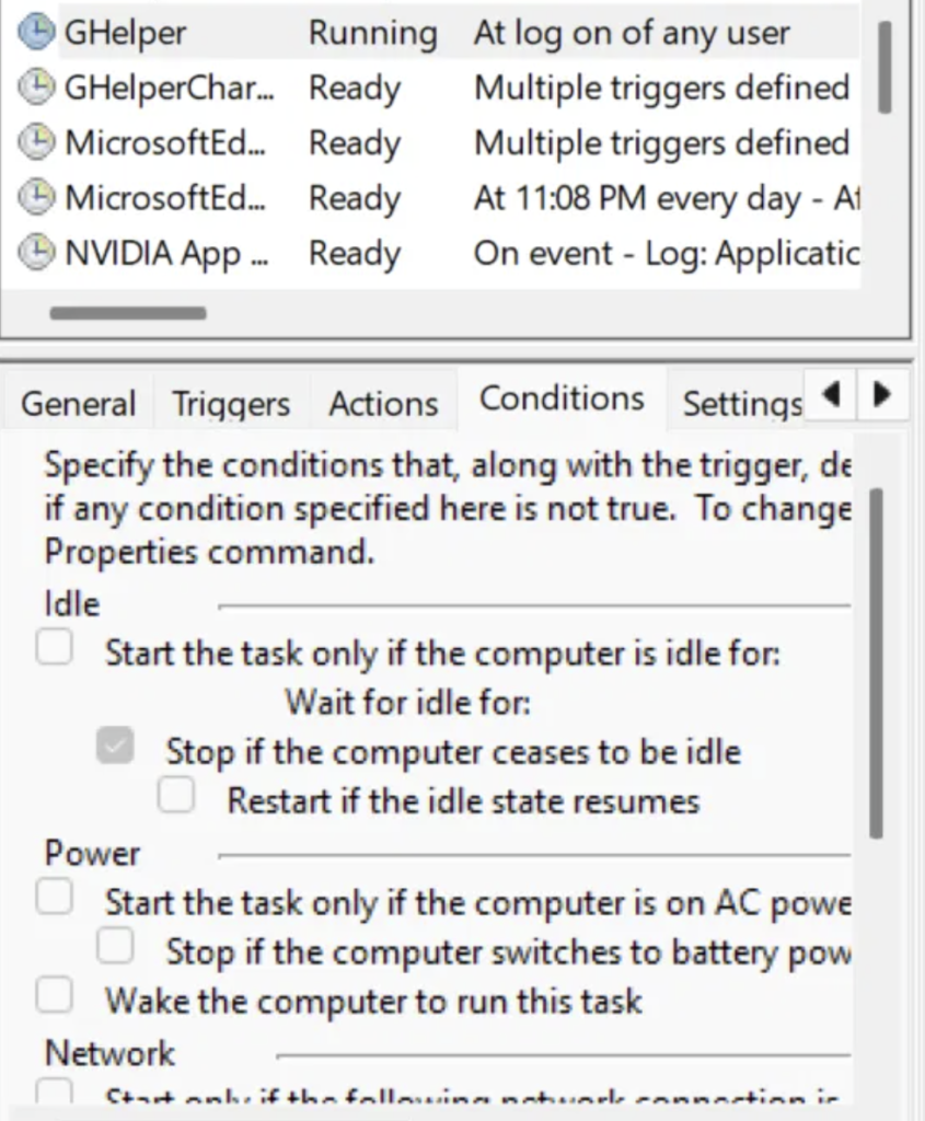 G-Helper not running on startup checked against an empty task Conditions tab