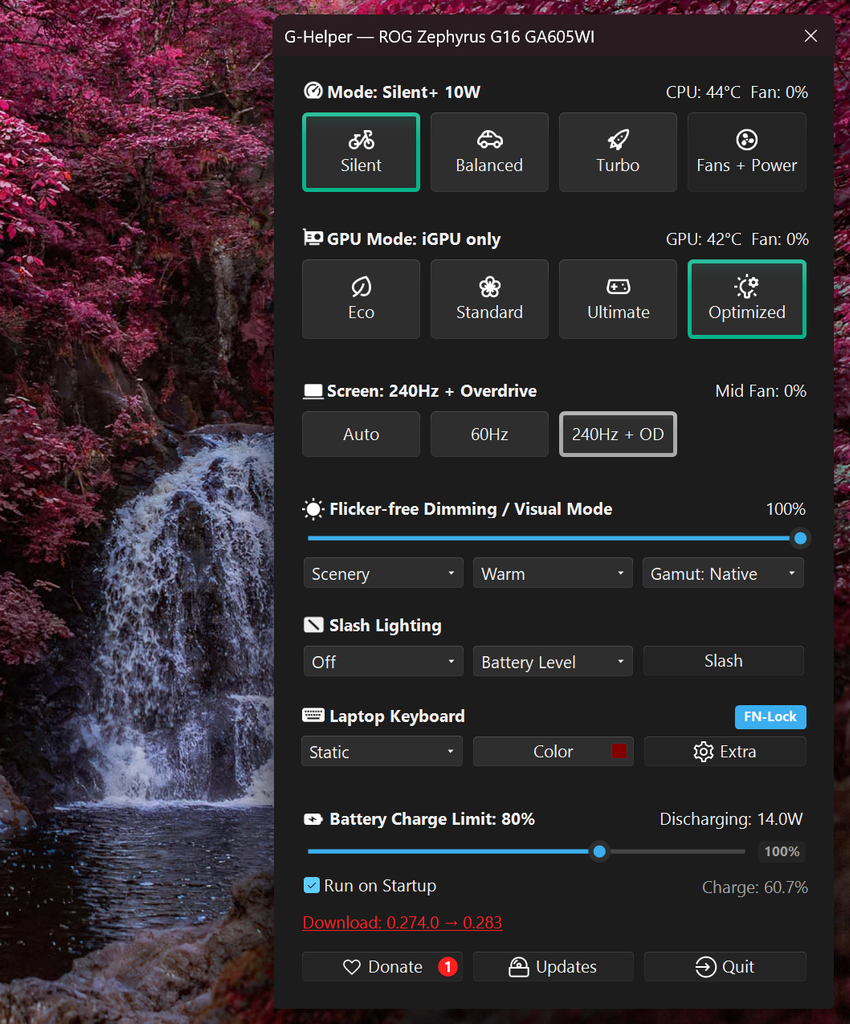 G-Helper GPU mode picker showing Eco Standard Ultimate and Optimized options