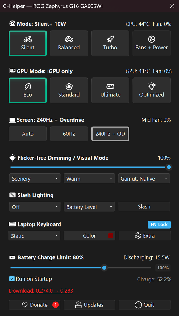 G-Helper Eco mode enabled with dedicated GPU disabled and no temperature reading