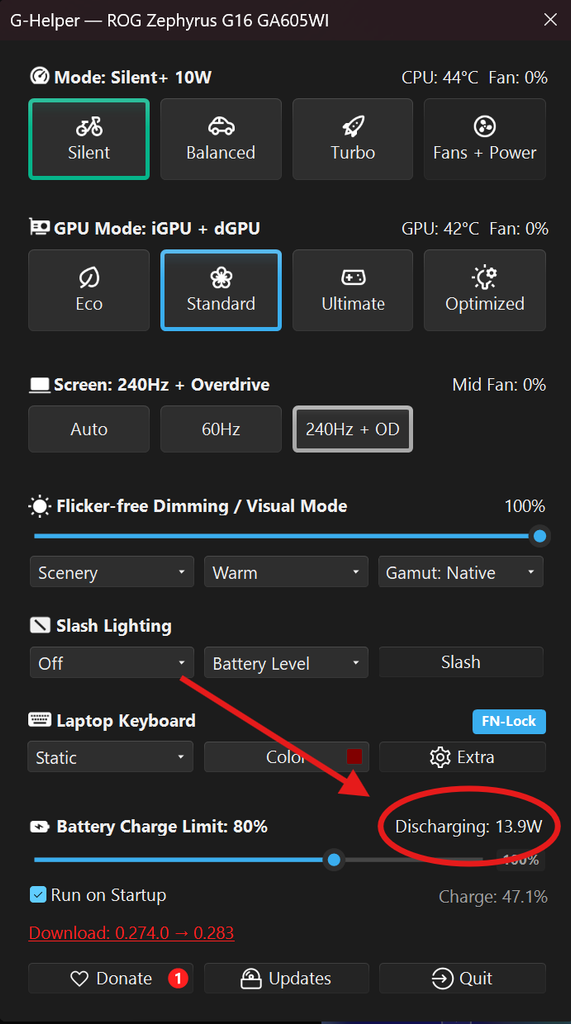 G-Helper power monitoring showing 13W idle battery discharge in Standard GPU mode