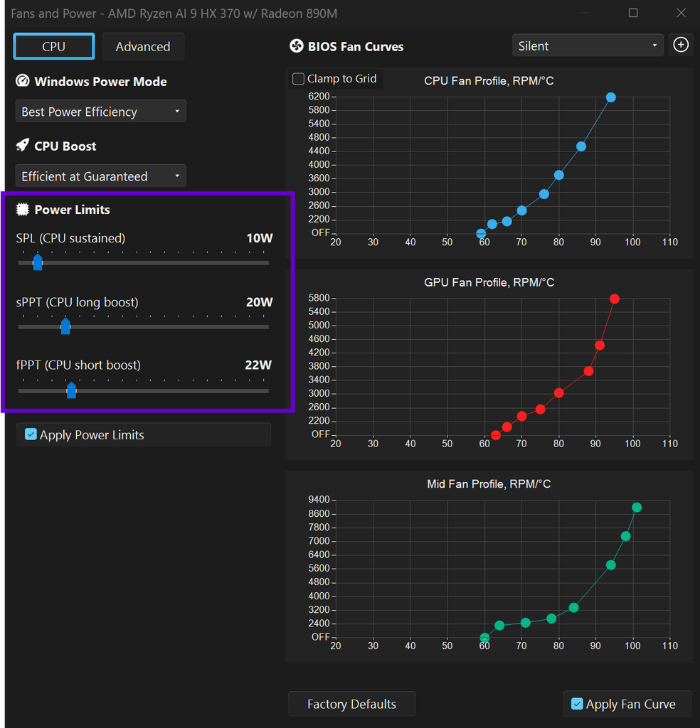 G-Helper power limits panel showing the SPL sPPT and fPPT sliders