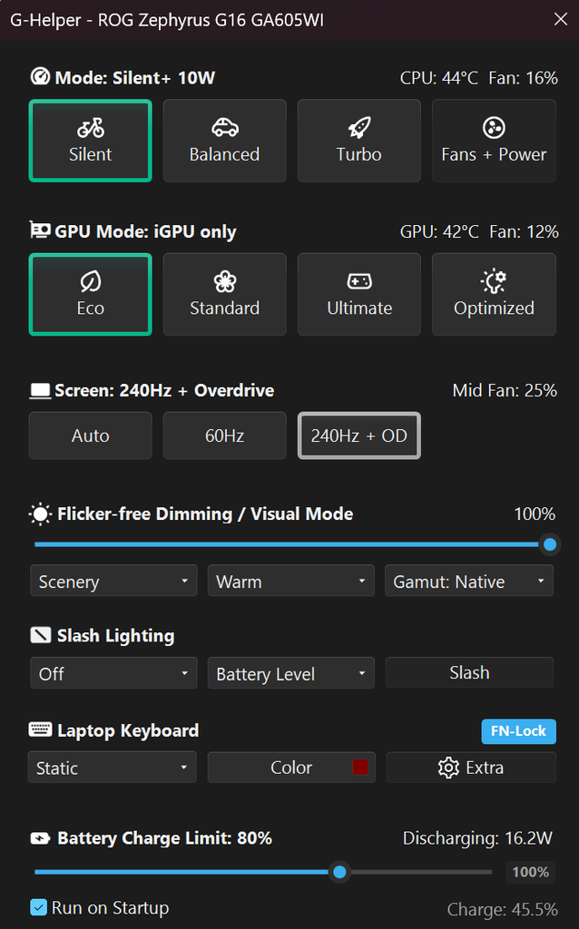 G-Helper main window showing the Silent Balanced and Turbo modes and the Fans and Power button