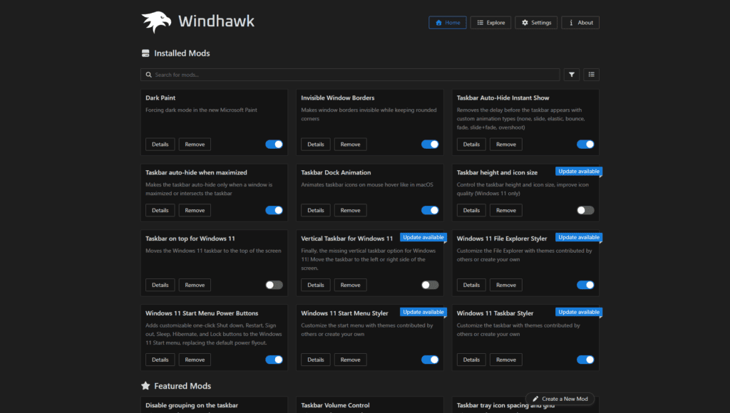 Best Windhawk mods list showing 9 enabled and 6 disabled mods on Windows 11
