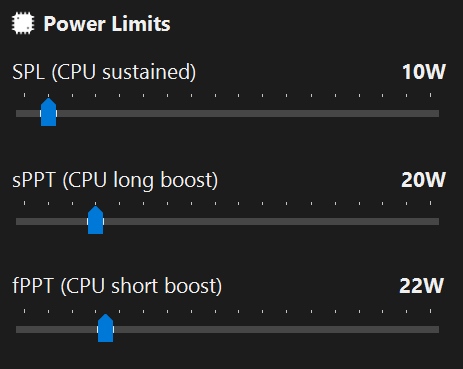 G-Helper power limits Silent mode SPL 10W sPPT 20W fPPT 22W