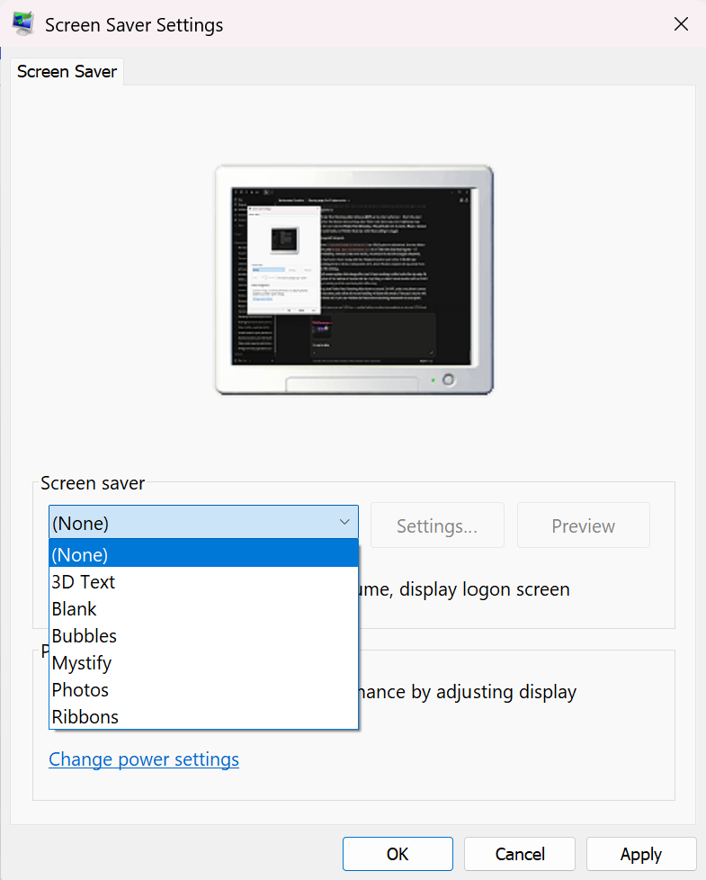 Windows screen saver set to None with no OLED Care option from the ASUS OLED Care settings