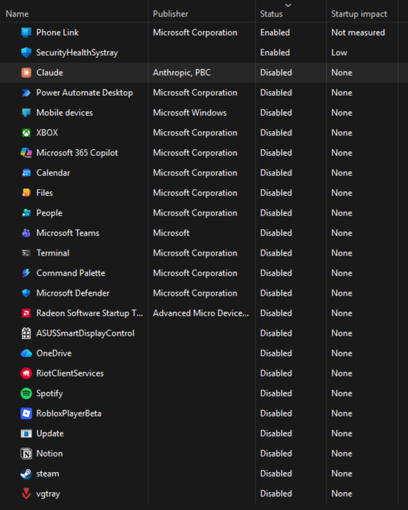 Startup apps list with no Armoury Crate entry despite it launching at boot