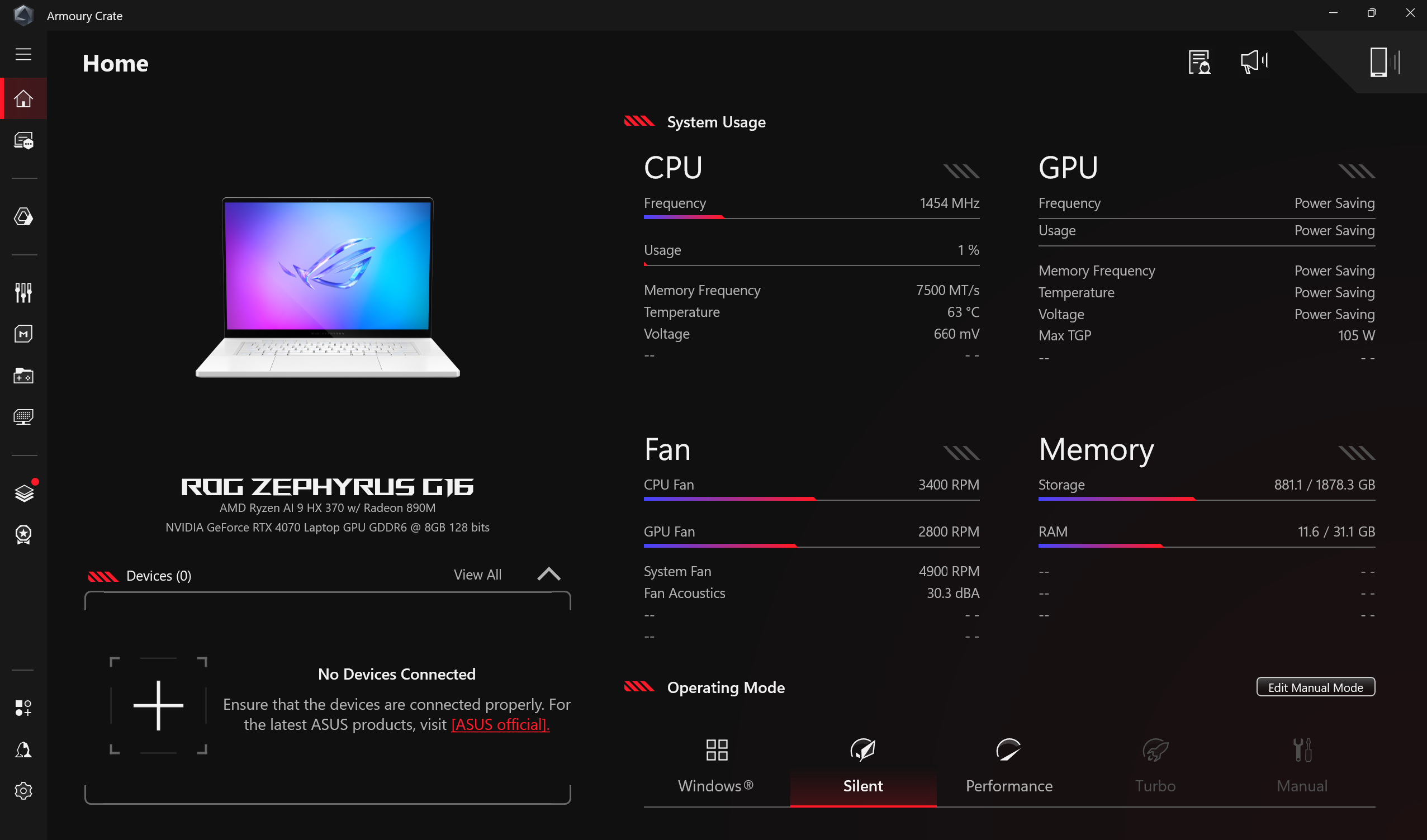 Armoury Crate main dashboard on an ASUS ROG Zephyrus G16
