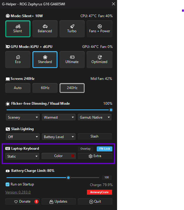 G-Helper keyboard backlight effect dropdown and color swatch on ASUS ROG Zephyrus G16