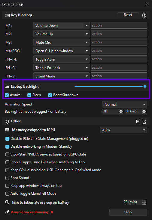 G-Helper keyboard backlight brightness slider and battery timeout in Extra Settings