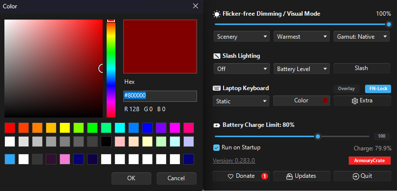 Changing the G-Helper keyboard color with the static effect on a 1-zone RGB laptop