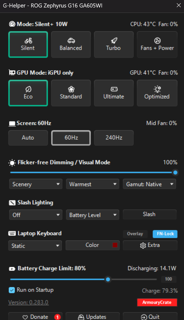 G-Helper keyboard backlight power draw measured on battery at maximum brightness