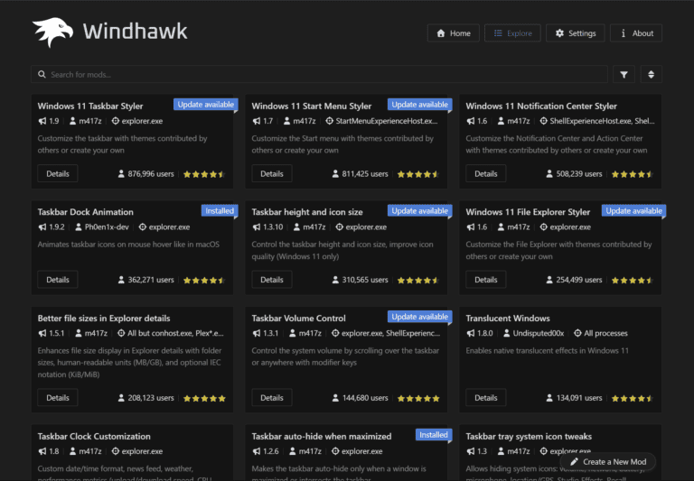 How to install Windhawk on Windows 11 - mod marketplace Explore tab after install