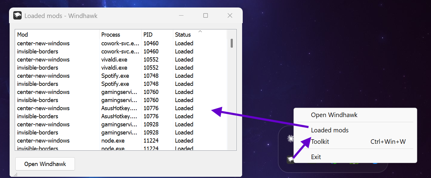 Windhawk Loaded mods dialog showing active mods