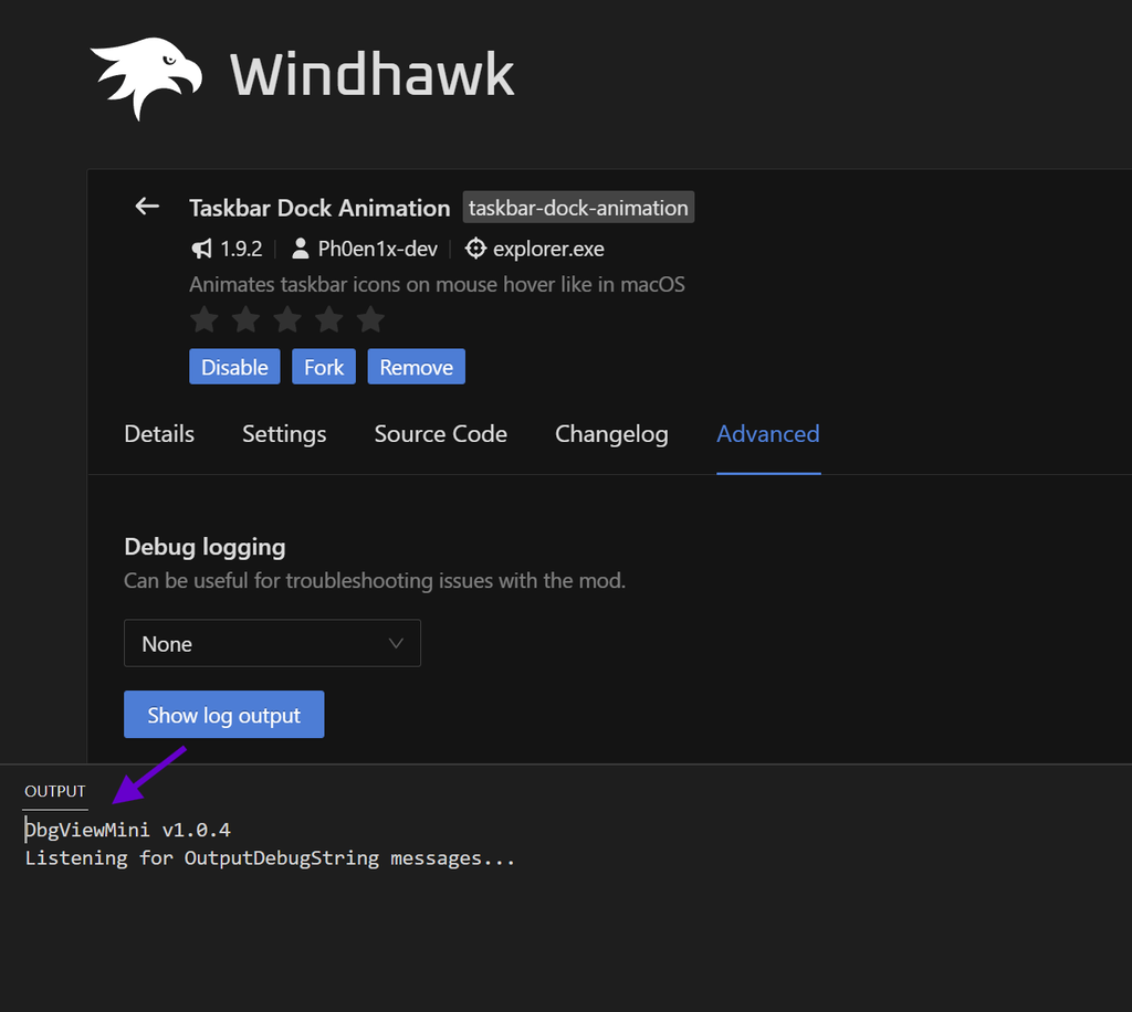 Windhawk debug log output after enabling a mod
