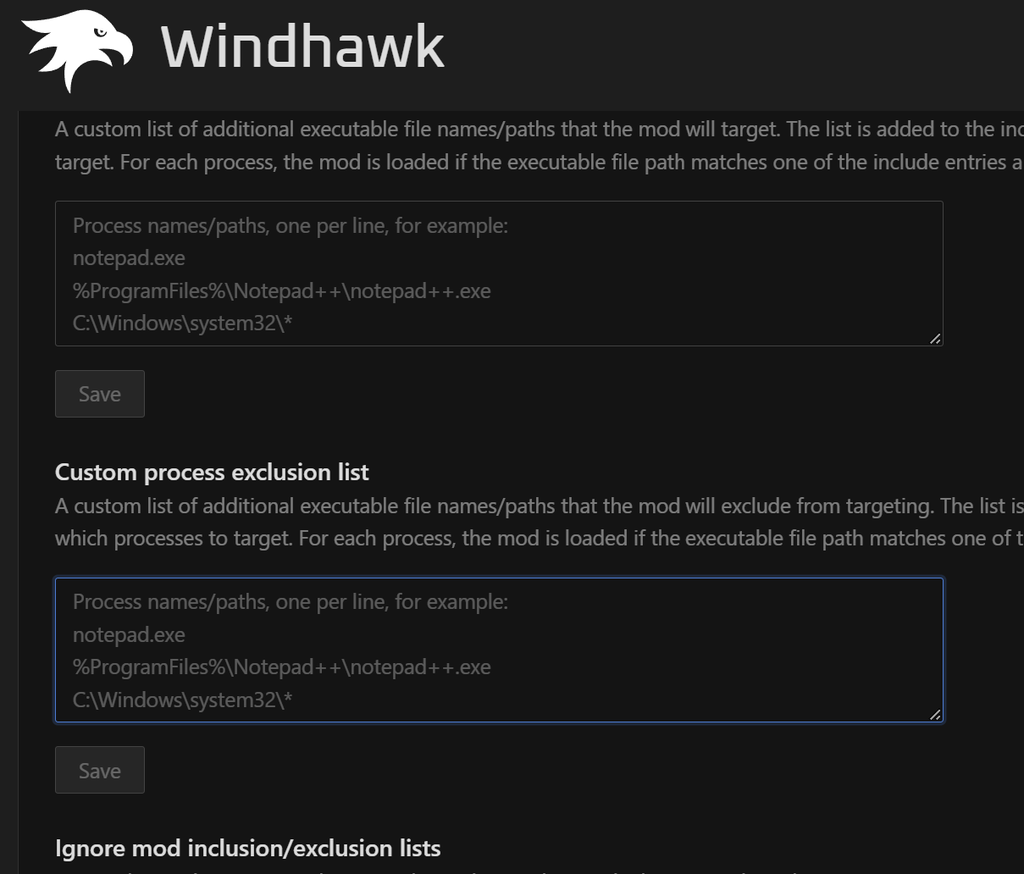 Windhawk process exclusion list advanced settings