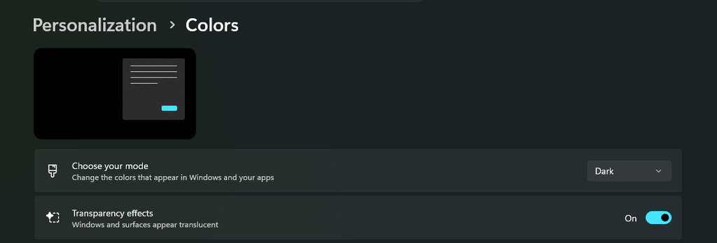 Windows 11 transparency effects and dark mode settings for Frutiger Aero