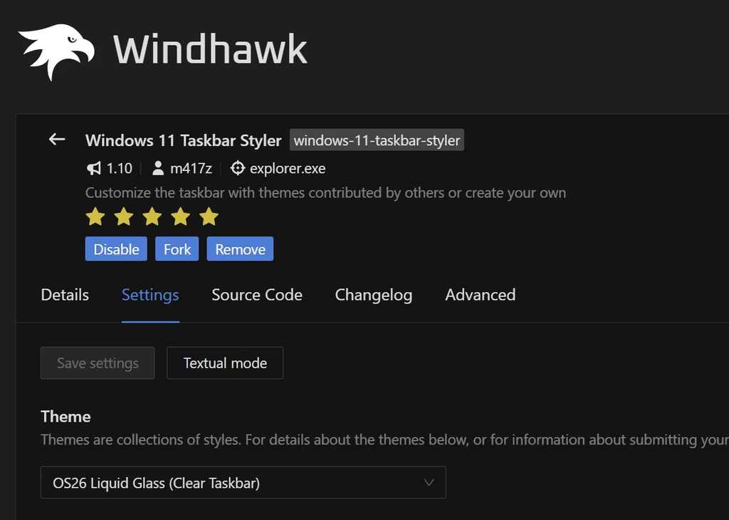 Windows 11 Taskbar Styler OS26 Liquid Glass theme setting for Frutiger Aero