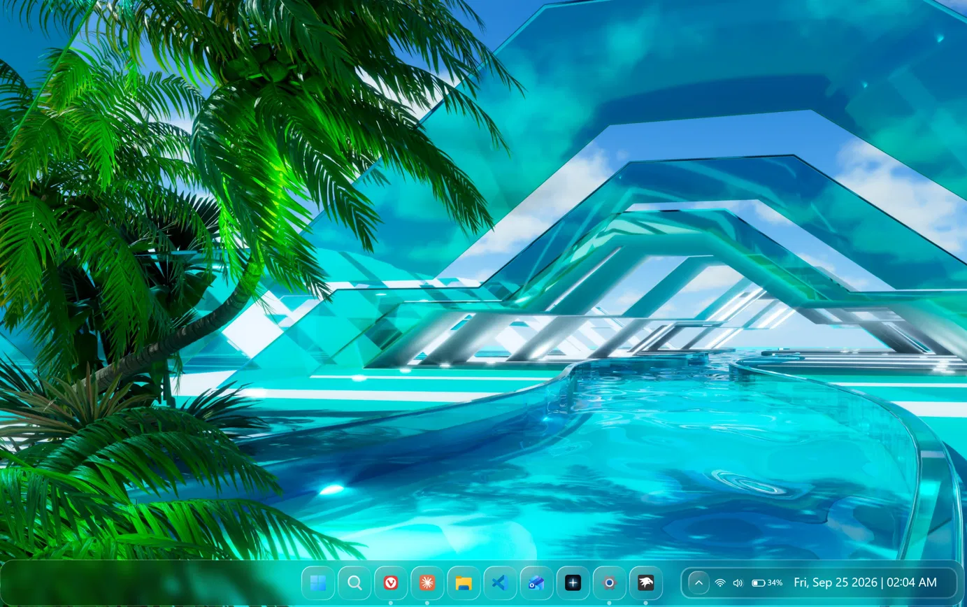Frutiger Aero Windows 11 glass taskbar with Liquid Glass theme